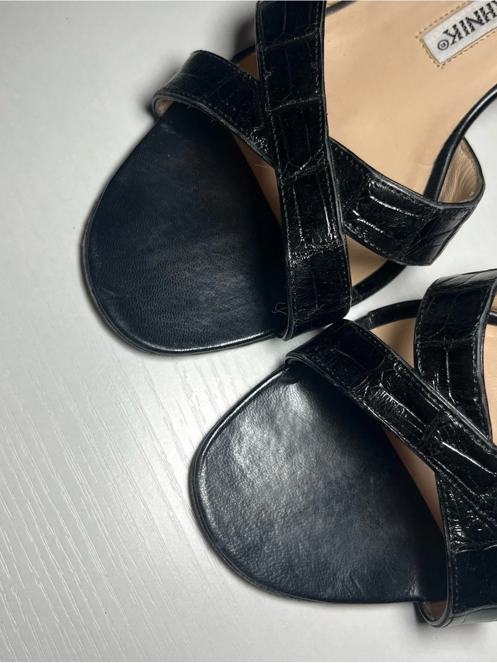 Manolo Blahnik Black Cross-Strap Leather Slide Heels
